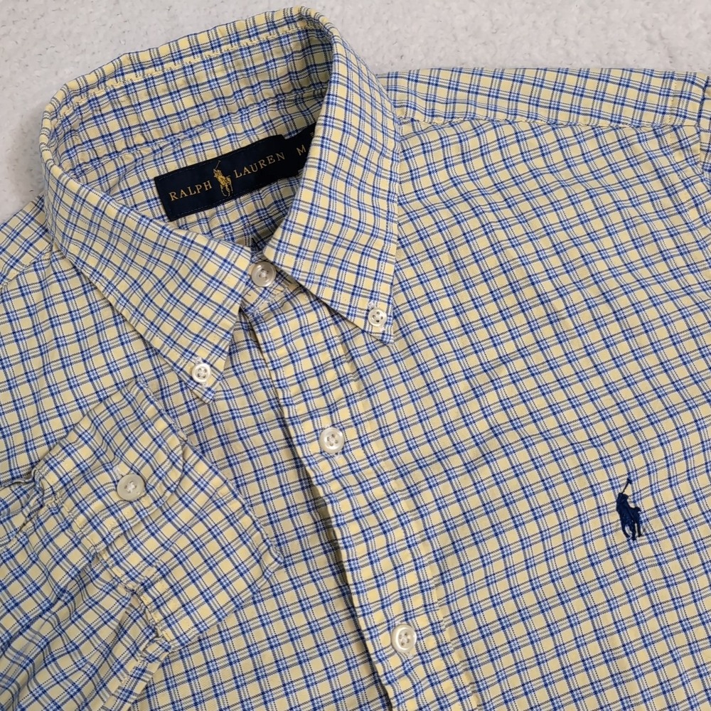 Ralph Lauren Button Down Shirt Mens M Yellow Blue Plaid Long Sleeve Reg Fit